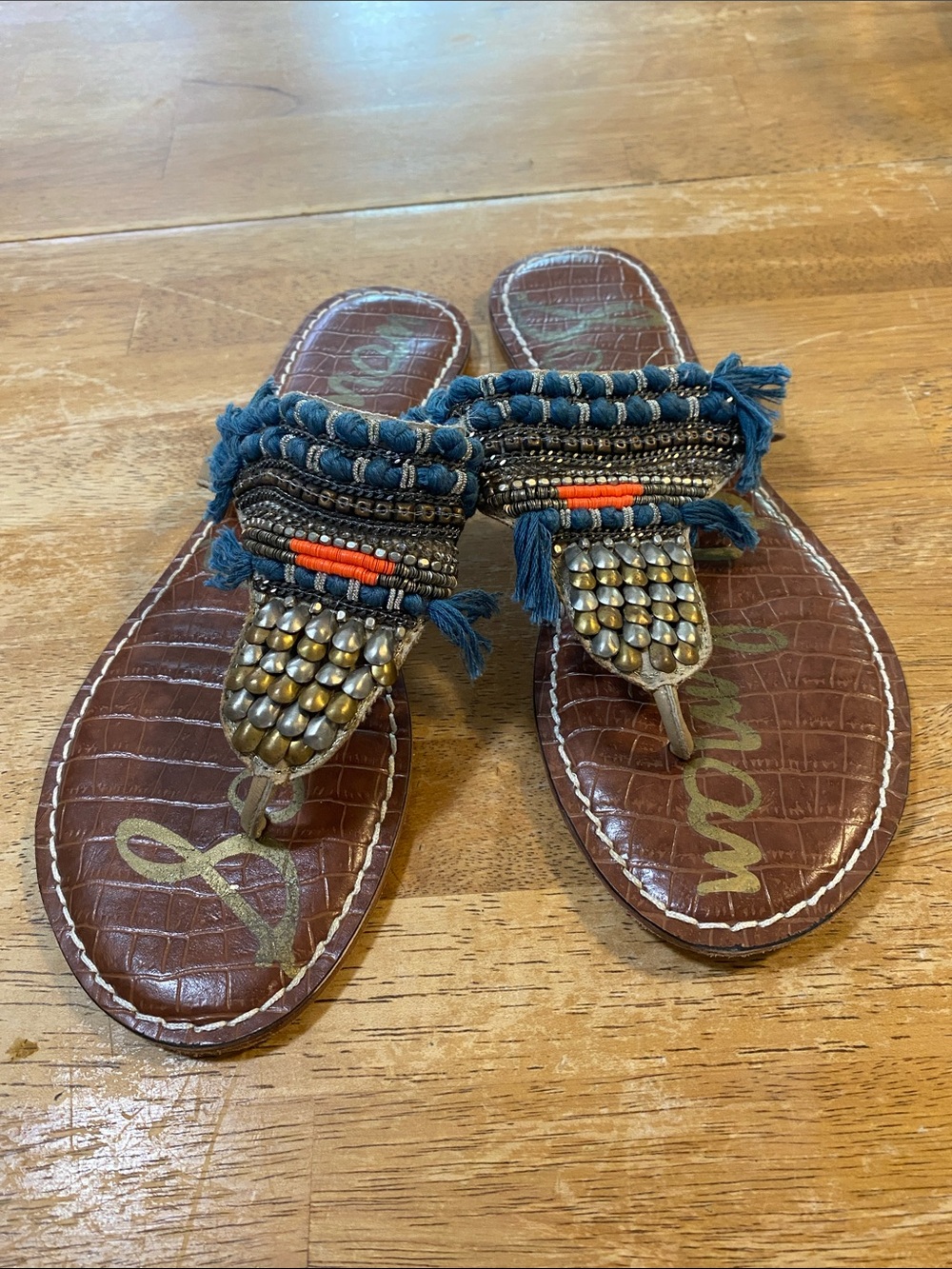 Sam Edelman Brown Footbed Sandals with Blue Braided Straps and Gold Studs